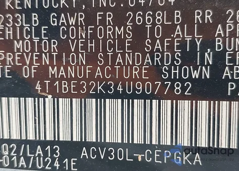 2004 Toyota Camry Xle from USA, damaged, VIN 4T1BE32K34U907782